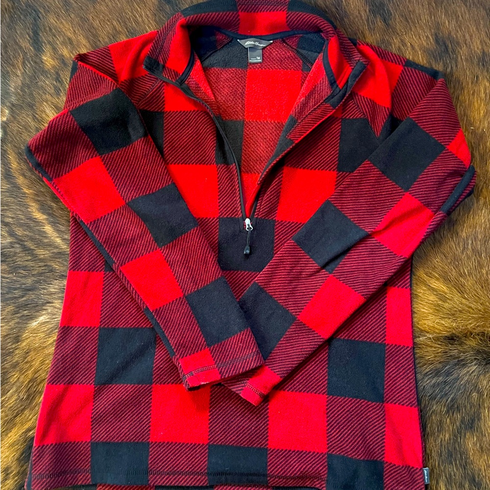 Eddie Bauer plaid half zip up sweater. Size Medium.